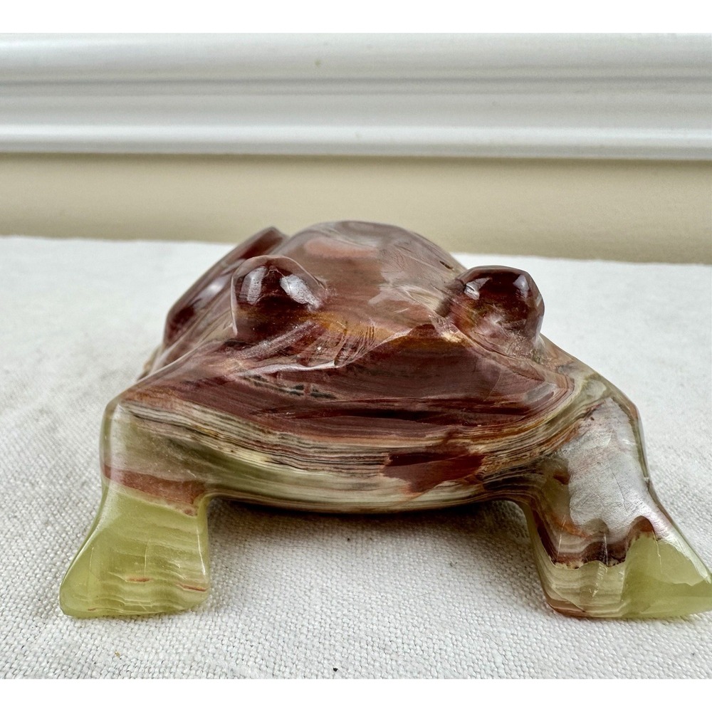 Vintage Hand Carved Banded Onyx Stone Frog Figurine Paperweight 5" Office Decor - Picture 2 of 11